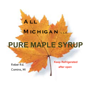 All Michigan LLC: Pure Maple Syrup from Comins, Michigan label.