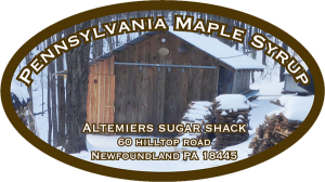 Altemiers Sugar Shack: Pennsylvania Maple Syrup from Newfoundland, Pennsylvania label.