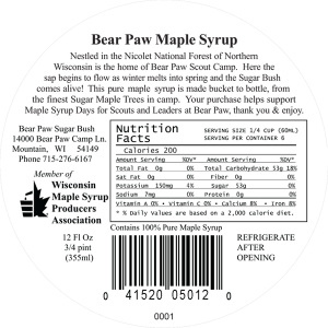 Bear Paw Sugar Bush: Maple syrup from Mountain, Wisconsin back label.