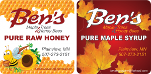 Ben's Maple Trees and Honey Bees Pure Raw Honey and Pure Maple Syrup labels.