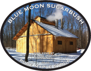 Blue Moon Sugarbush: Pure Maple Syrup from Rice Lake, Wisconsin label.