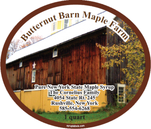 Butternut Barn Maple Farm: Pure New York State Maple Syrup from Rushville, New York label.