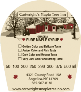 Cartwright's Maple Tree Inn: Grade A Pure Maple Syrup from Angelica, New York label.