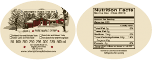 Cartwright's Maple Tree Inn: Grade A Pure Maple Syrup from Angelica, New York front and back nutrition facts labels.