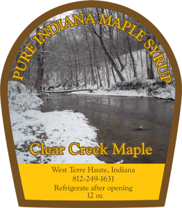 Clear Creek Maple: Pure Indiana Maple Syrup from West Terre Haute, Indiana label.