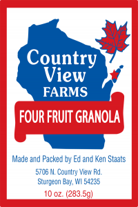 Country View Farms: Four Fruit Granola from Sturgeon Bay, Wisconsin label.