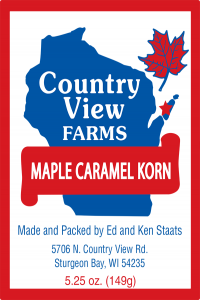 Country View Farms: Maple Caramel Korn from Sturgeon Bay, Wisconsin label.