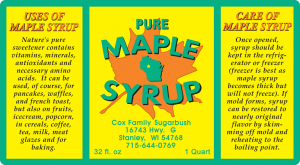 Cox Family Sugarbush: Pure Maple Syrup from Stanley, Wisconsin label.