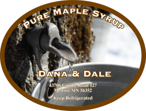 Dana & Dale Pure Maple Syrup from Melrose, Minnesota label.