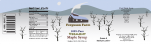 Ferguson Farm: 100% Pure Vermont Maple Syrup from Springfield, Vermont label.