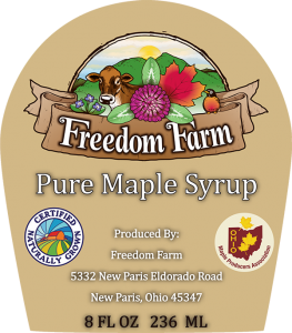 Freedom Farms: Pure Maple Syrup from New Paris, Ohio label.