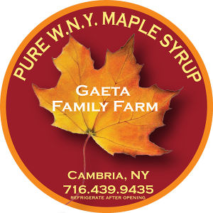 Gaeta Family Farm: Pure W.N.Y. Maple Syrup from Cambria, New York round circle label.