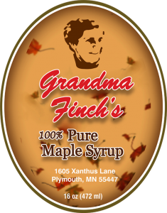 Grandma Finch's 100% Pure Maple Syrup from Plymouth, Minnesota oval label.