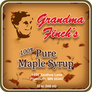 Grandma Finch's 100% Pure Maple Syrup from Plymouth, Minnesota square with rounded edges label.
