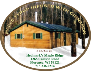 Hedmark's Maple Ridge: Maple Syrup Infused With Cinnamon from Florence, Wisconsin label.