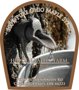 Hidden Valley Farm: 100% Pure Maple Syrup from Cuyahoga Falls, Ohio label.
