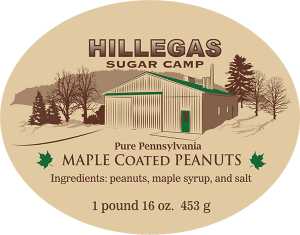 Hillegas Sugar Camp: Pure Pennsylvania Maple Coated Peanuts label.