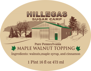 Hillegas Sugar Camp: Pure Pennsylvania Maple Walnut Topping label.