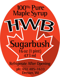 HWB Sugarbush: 100% Pure Maple Syrup from Dresser, Wisconsin label.