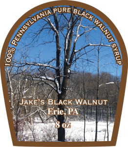 Jake's Black Walnut: 100% Pennsylvania Pure Black Walnut Syrup from Erie, Pennsylvania label.