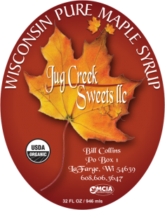 Jug Creek Sweets LLC: Wisconsin Pure Maple Syrup from LaFarge, Wisconsin label.