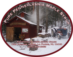 Keystone College Sugar Shack: Pure Pennsylvania Maple Syrup from One College Green, La Plume, Pennsylvania label.