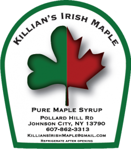 Killian's Irish Maple: Pure Maple Syrup from Johnson City, New York label.