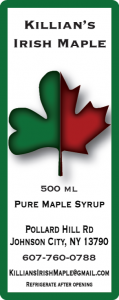 Killian's Irish Maple: Pure Maple Syrup from Johnson City, New York tall label.