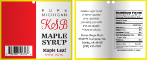 KSB Pure Michigan Maple Syrup Maple Leaf hang label front and back.