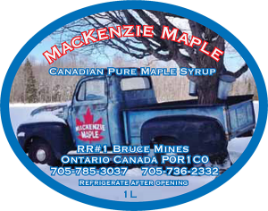 MacKenzie Maple: Canadian Pure Maple Syrup from Ontario, Canada label.