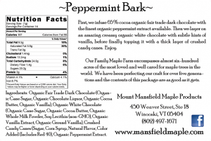 Mount Mansfield Maple Products: Peppermint Bark from Winooski, Vermont back ingredient label.