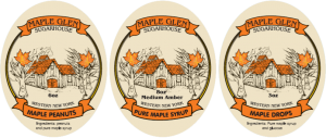 Maple Glen Sugarhouse of Western New York: Maple Peanuts, Pure Maple Syrup and Maple Drops labels.