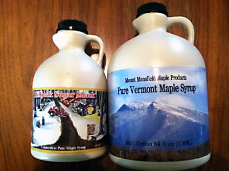 Maple syrup jugs with labels for maple syrup bottles. Half gallon jug labels for Mount Mansfield Maple Products and quart for Hilljack Sugar Shack.