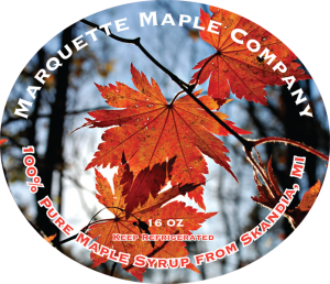 Marquette Maple Company: 100% Pure Maple Syrup from Skandia, Michigan label.