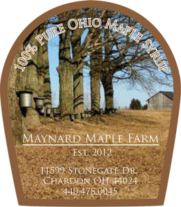 Maynard Maple Farm: 100% Pure Ohio Maple Syrup from Chardon, Ohio label.