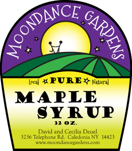 Moondance Gardens: Pure, Local and Natural Maple Syrup from Caledonia, New York label.