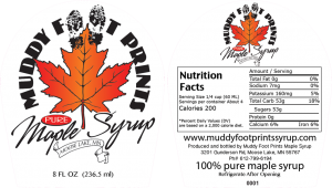 Muddy Foot Prints: Pure Maple Syrup from Moose Lake, Minnesota front and back labels.