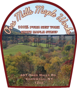 Orrs Mills Maple Works: 100% Pure New York State Maple Syrup from Cornwall, New York label.