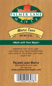 Palmer Lane Maple: Maple Taffy from Jeffersonville, Vermont label.