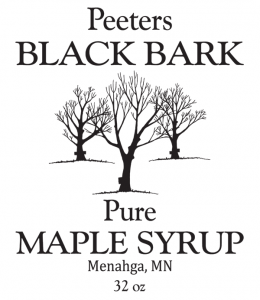 Peeters Black Bark: Pure Maple Syrup from Menahga, Minnesota label.