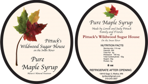Pittack's Wildwood Sugar House on the Swan River: Pure Maple Syrup from Warba, Minnesota front and back labels.