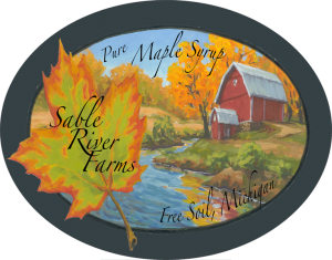 Sable River Farms: Pure Maple Syrup from Free Soil, Michigan label.
