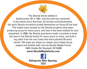 Skarda Maple Farms info label.