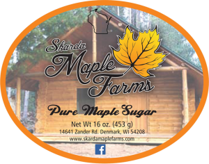 Skarda Maple Farms: Pure Maple Sugar from Denmark, Wisconsin label.