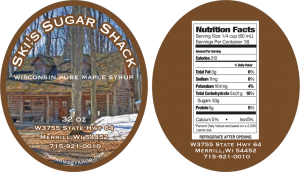 Ski's Sugar Shack: Wisconsin Pure Maple Syrup from Merrill, Wisconsin front and back labels.