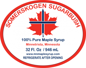 Somerskogen Sugarbush: 100% Pure Maple Syrup from Minnetrista, Minnesota label.