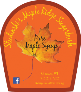 Studinski's Maple Ridge Sugarbush: Pure Maple Syrup from Gleason, Wisconsin label.