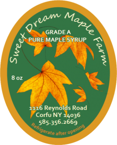 Sweet Dream Maple Farm: Grade A Pure Maple Syrup from Corfu, New York label.