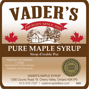 Vader's Pure Maple Syrup consecutive numbering label.