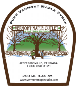 Vermont Maple Outlet: Pure Vermont Maple Syrup from Jeffersonville, Vermont label.